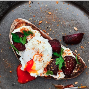 Whipped Feta with Beetroot on Toast with Poached Eggs and Dukkah