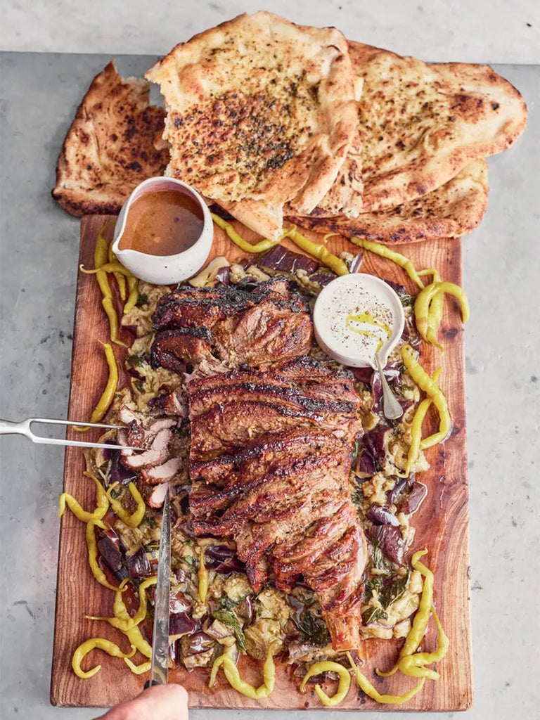 Roast lamb with aubergine and feta.
